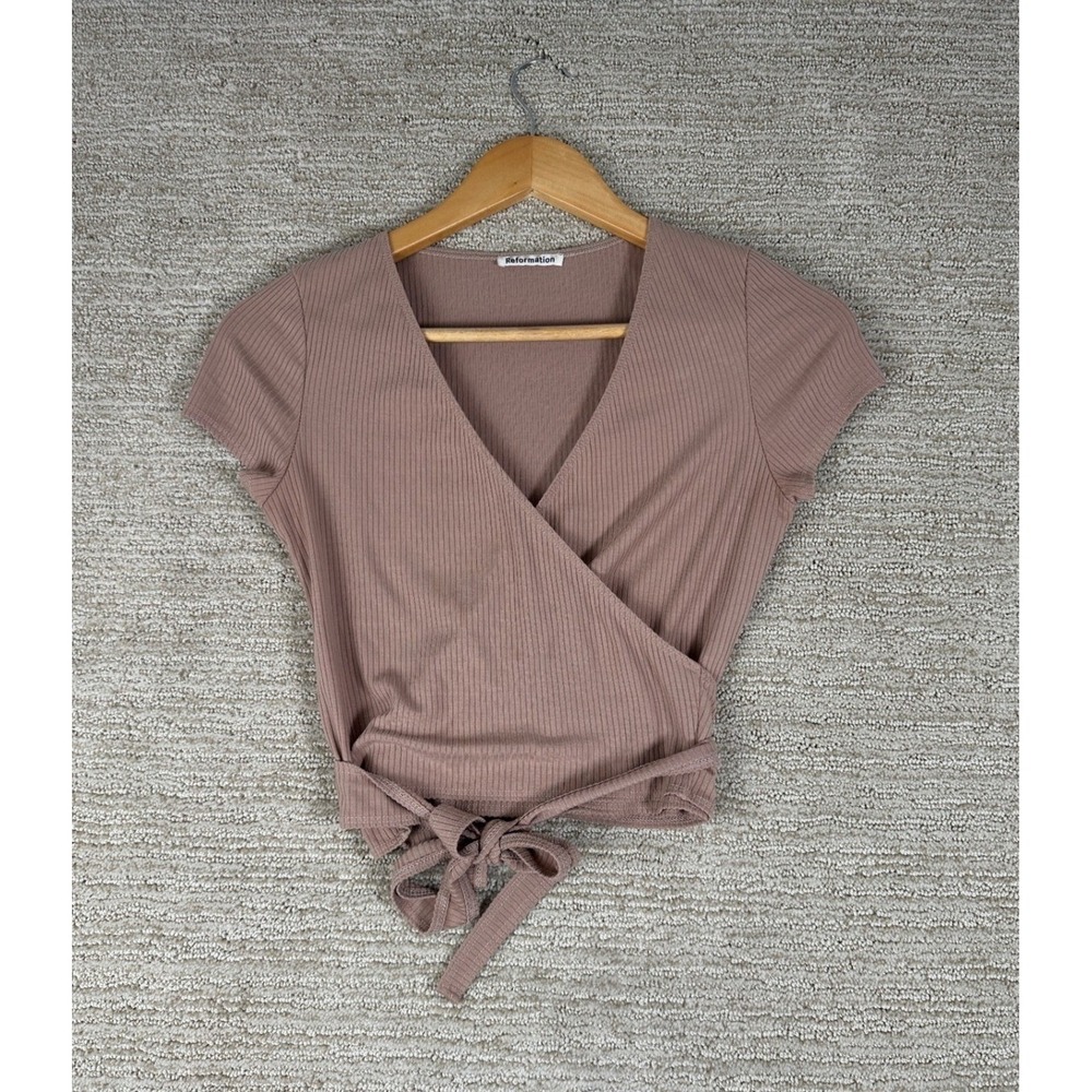 Reformation Ribbed Wrap Top Mauve Brown Short Sleeve V-Neck Crop XS Made in USA